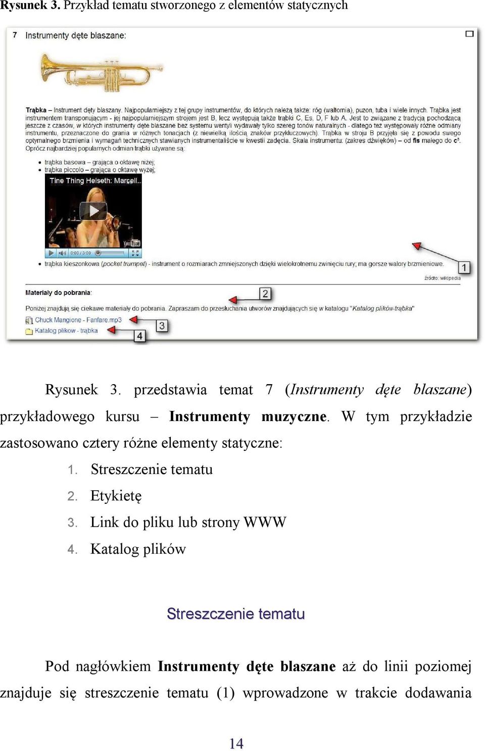 W tym przykładzie zastosowano cztery różne elementy statyczne: 1. Streszczenie tematu 2. Etykietę 3.