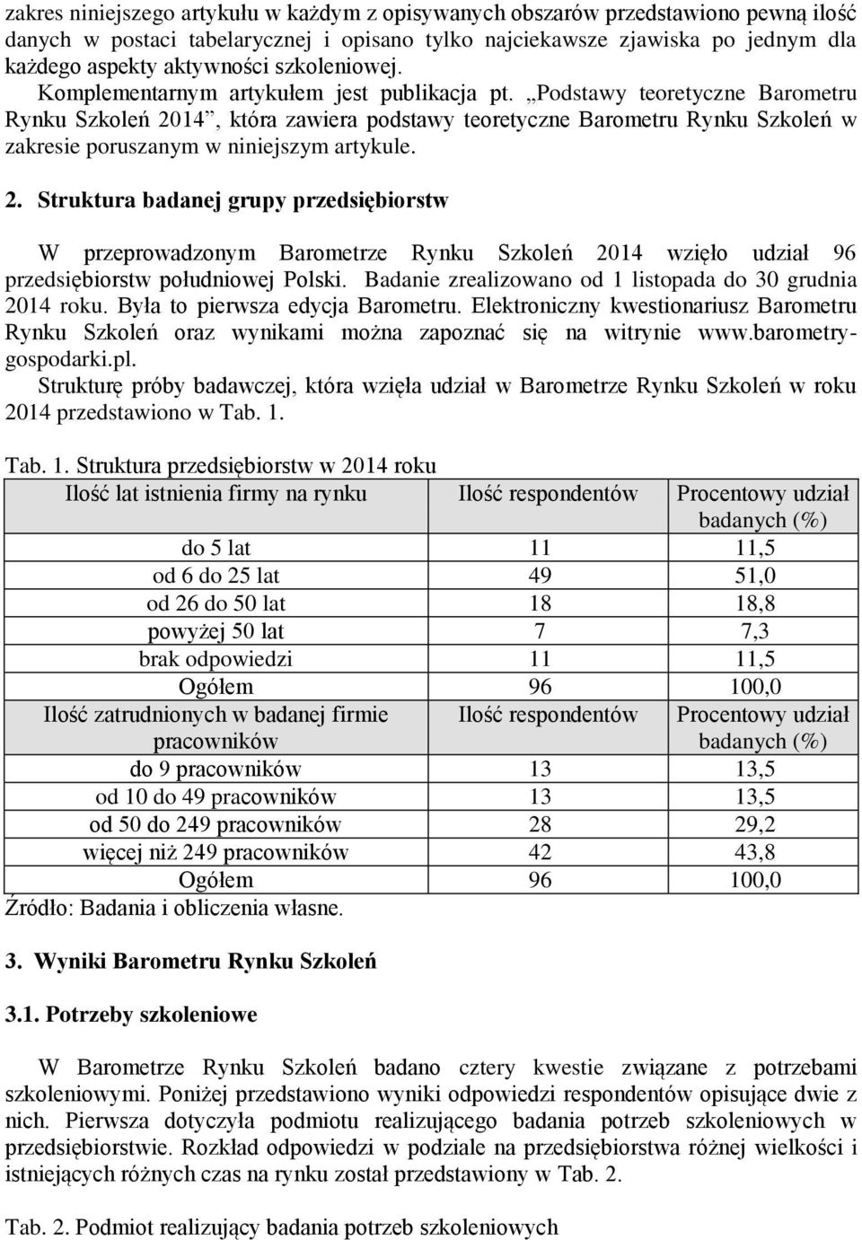 Podstawy teoretyczne Barometru Rynku Szkoleń 2014, która zawiera podstawy teoretyczne Barometru Rynku Szkoleń w zakresie poruszanym w niniejszym artykule. 2. Struktura badanej grupy przedsiębiorstw W przeprowadzonym Barometrze Rynku Szkoleń 2014 wzięło udział 96 przedsiębiorstw południowej Polski.
