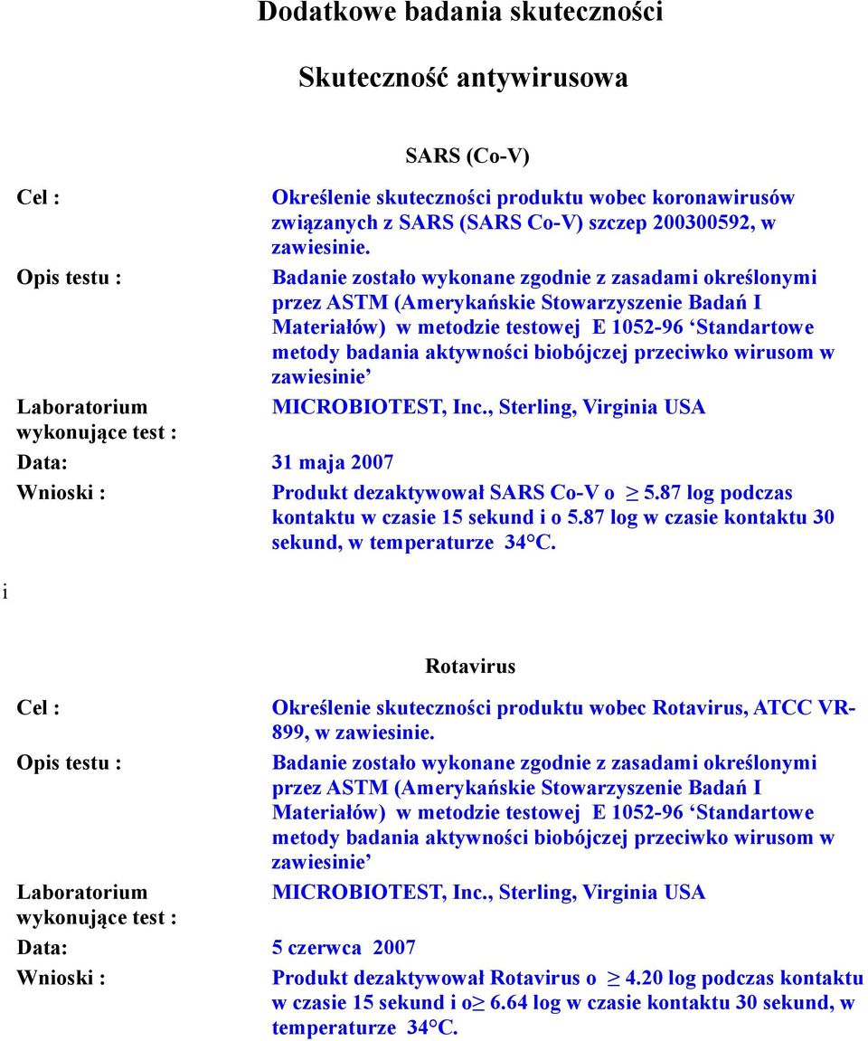 87 log w czasie kontaktu 30 sekund, w temperaturze 34 C. i Rotavirus Określenie skuteczności produktu wobec Rotavirus, ATCC VR- 899, w zawiesinie.