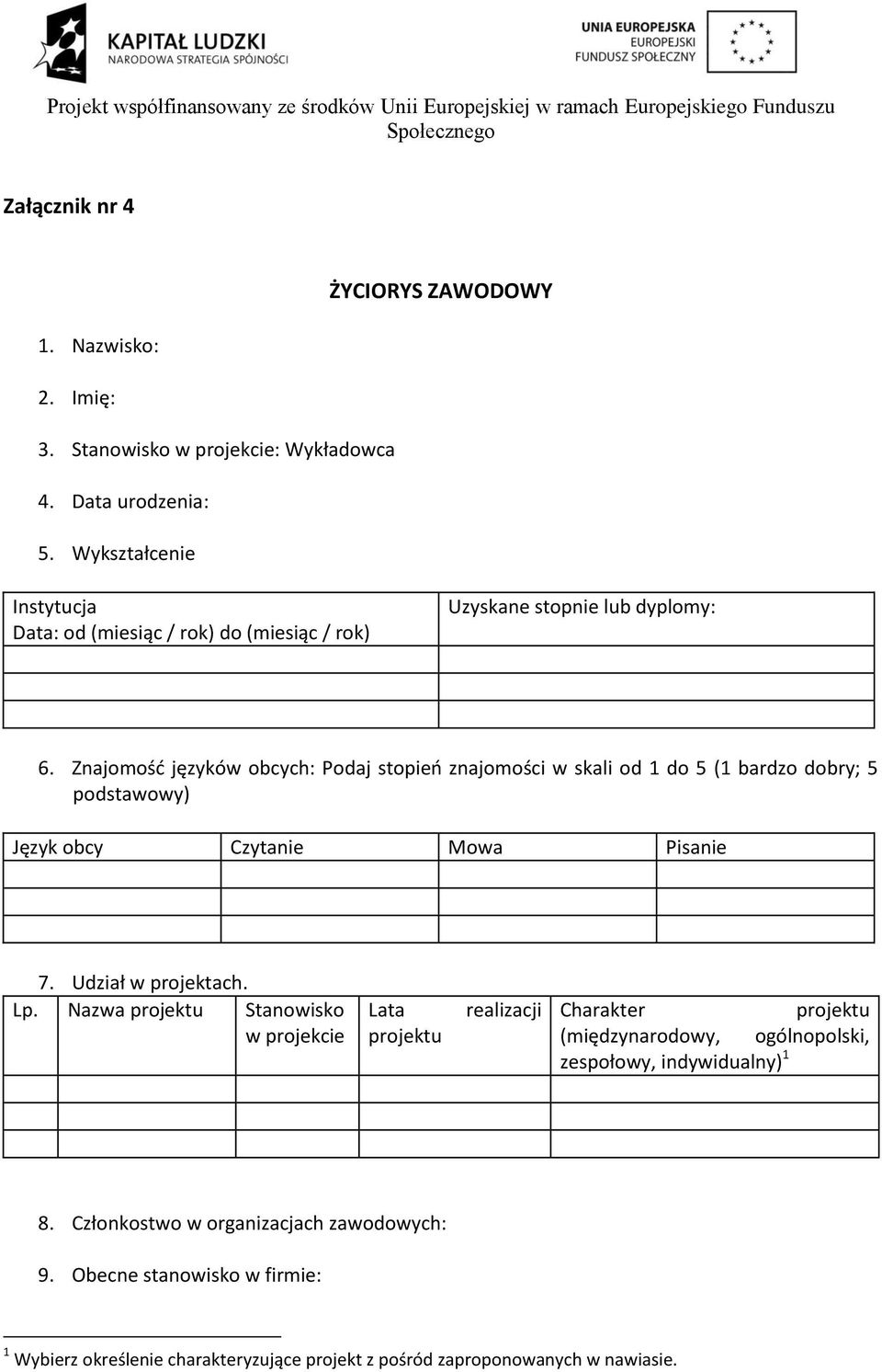 Znajomośd języków obcych: Podaj stopieo znajomości w skali od 1 do 5 (1 bardzo dobry; 5 podstawowy) Język obcy Czytanie Mowa Pisanie 7. Udział w projektach. Lp.