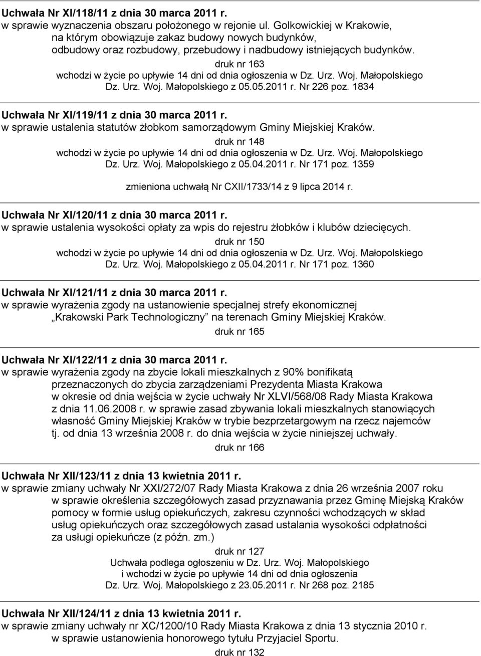 Nr 226 poz. 1834 Uchwała Nr XI/119/11 z dnia 30 marca 2011 r. w sprawie ustalenia statutów żłobkom samorządowym Gminy Miejskiej Kraków. druk nr 148 Dz. Urz. Woj. Małopolskiego z 05.04.2011 r. Nr 171 poz.