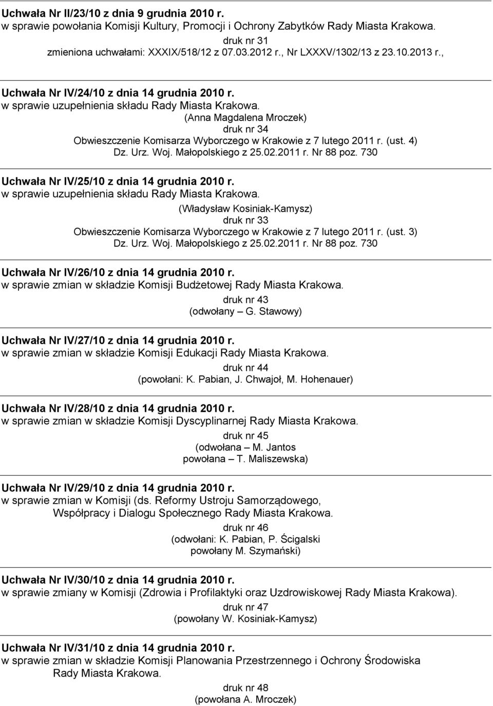 (Anna Magdalena Mroczek) druk nr 34 Obwieszczenie Komisarza Wyborczego w Krakowie z 7 lutego 2011 r. (ust. 4) Dz. Urz. Woj. Małopolskiego z 25.02.2011 r. Nr 88 poz.