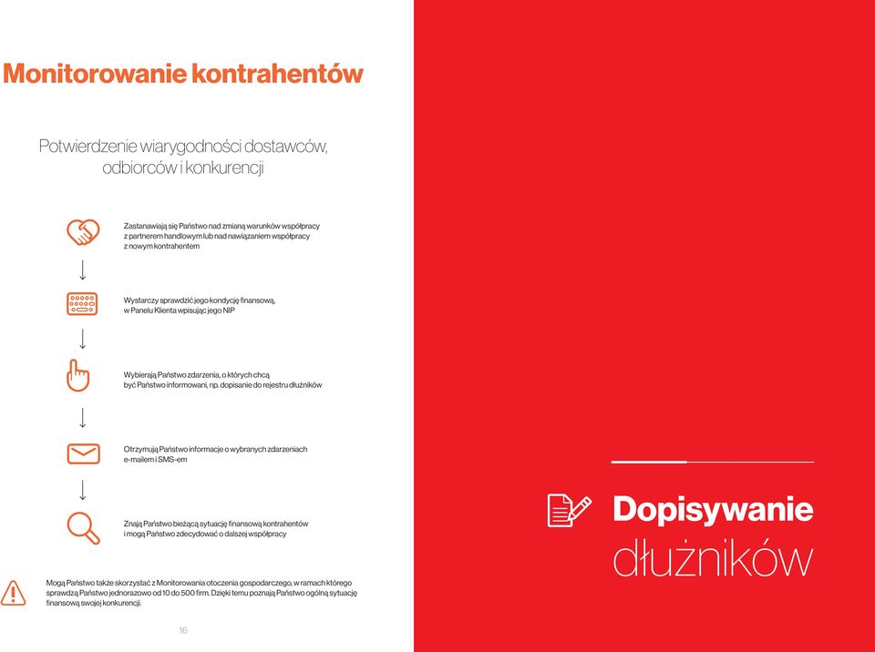 dopisanie do rejestru dłużników Otrzymują Państwo informacje o wybranych zdarzeniach e-mailem i SMS-em Znają Państwo bieżącą sytuację finansową kontrahentów i mogą Państwo zdecydować o dalszej