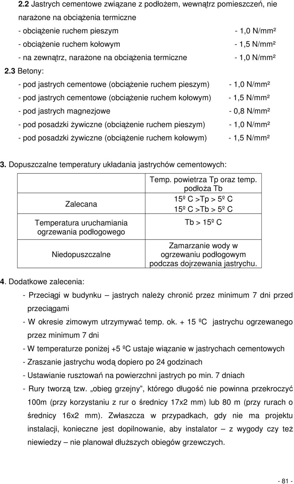 3 Betony: - pod jastrych cementowe (obciąŝenie ruchem pieszym) - 1,0 N/mm² - pod jastrych cementowe (obciąŝenie ruchem kołowym) - 1,5 N/mm² - pod jastrych magnezjowe - 0,8 N/mm² - pod posadzki