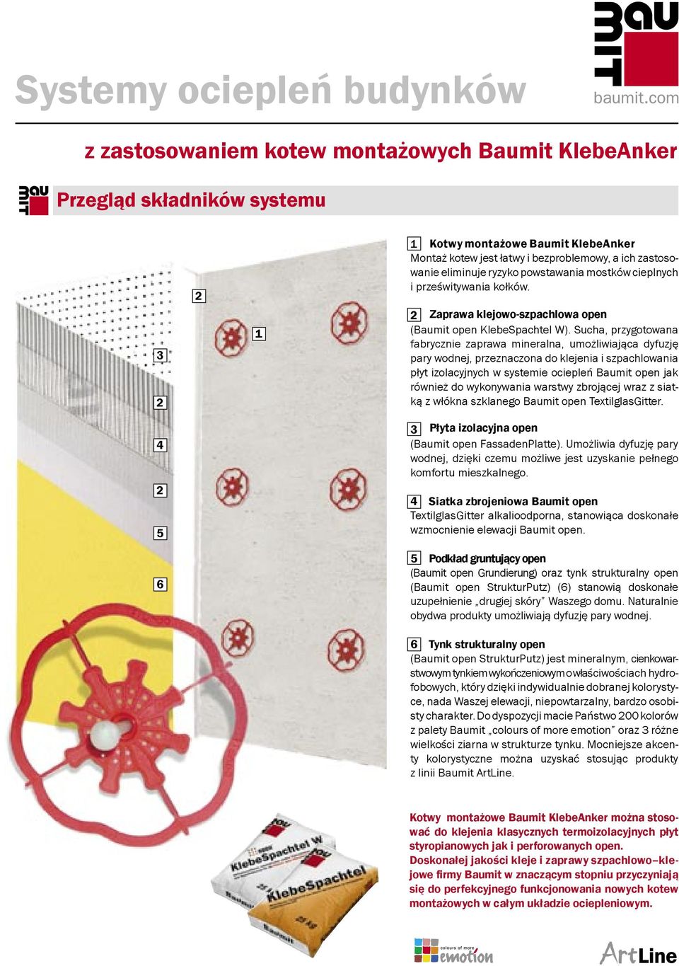 Sucha, przygotowana fabrycznie zaprawa mineralna, umożliwiająca dyfuzję pary wodnej, przeznaczona do klejenia i szpachlowania płyt izolacyjnych w systemie ociepleń Baumit open jak również do