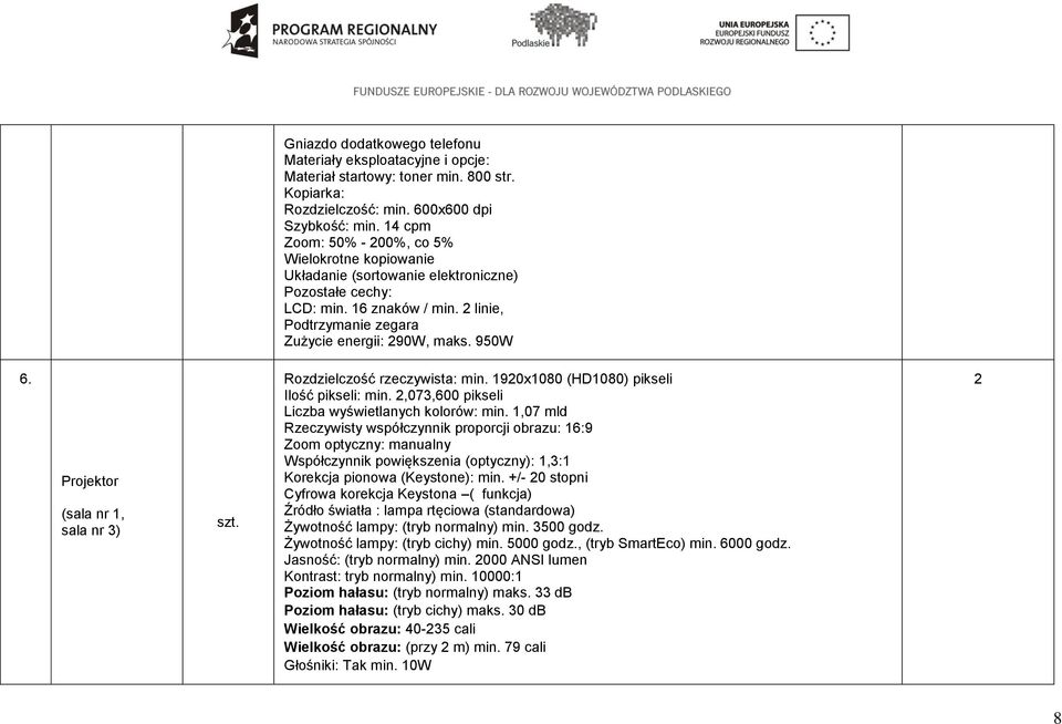 Projektor (sala nr 1, sala nr 3) Rozdzielczość rzeczywista: min. 1920x1080 (HD1080) pikseli Ilość pikseli: min. 2,073,600 pikseli Liczba wyświetlanych kolorów: min.