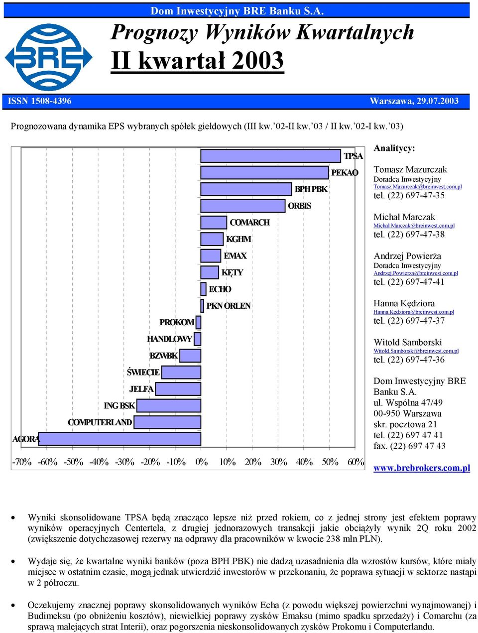 Analitycy: Tomasz Mazurczak Doradca Inwestycyjny Tomasz.Mazurczak@breinwest.com.pl tel. (22) 697-47-35 Michał Marczak Michał.Marczak@breinwest.com.pl tel. (22) 697-47-38 Andrzej Powierża Doradca Inwestycyjny Andrzej.