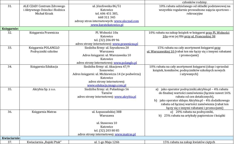 Warszawska 10 www.polanglo.pl 34. Księgarnia Edukacja Siedziba firmy: ul. Akacjowa 47/9 Sosnowiec Adres księgarni: ul. Mickiewicza 14 (w podwórzu) www.edukacja.imago.com.pl 35. Akrybia Sp. z o.o. Siedziba firmy: ul. Pułaskiego 56 Tarnów www.