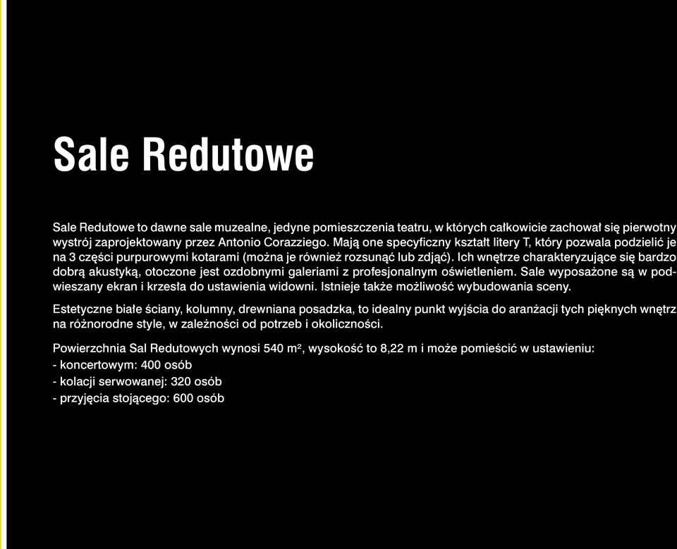 Ich wnętrze charakteryzujące się bardzo dobrą akustyką, otoczone jest ozdobnymi galeriami z profesjonalnym oświetleniem. Sale wyposażone są w podwieszany ekran i krzesła do ustawienia widowni.