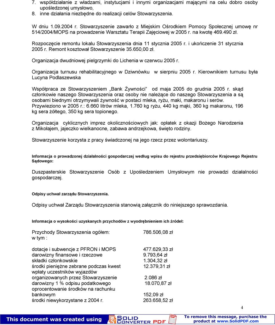 Rozpoczęcie remontu lokalu Stowarzyszenia dnia 11 stycznia 2005 r. i ukończenie 31 stycznia 2005 r. Remont kosztował Stowarzyszenie 35.650,00 zł.