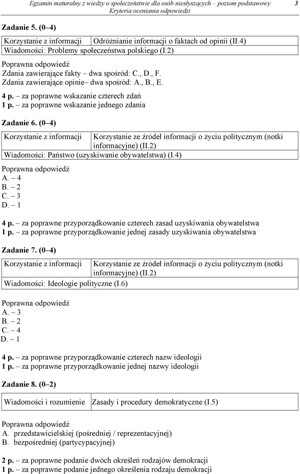 za poprawne wskazanie jednego zdania Zadanie 6. (0 4) Korzystanie z informacji Korzystanie ze źródeł informacji o życiu politycznym (notki informacyjne) (II.