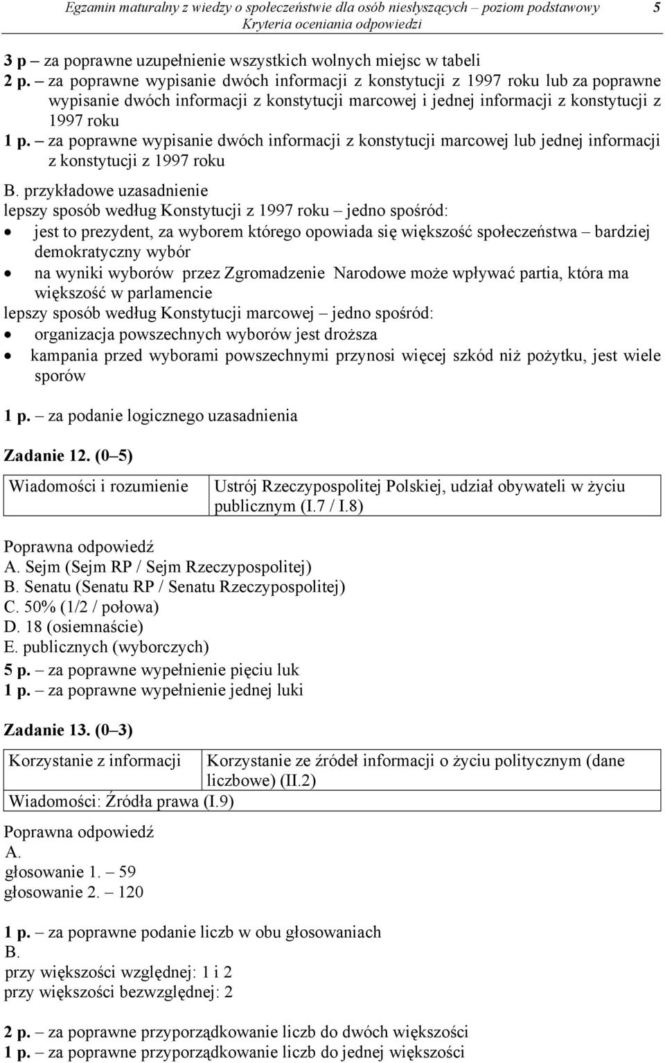 za poprawne wypisanie dwóch informacji z konstytucji marcowej lub jednej informacji z konstytucji z 1997 roku B.