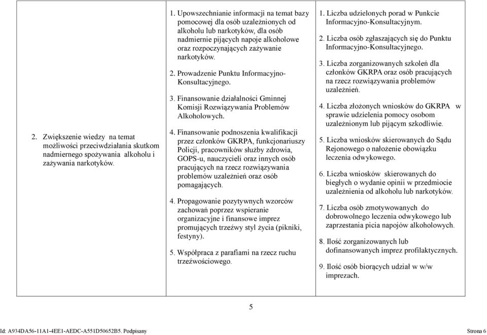 Prowadzenie Punktu Informacyjno- Konsultacyjnego. 3. Finansowanie działalności Gminnej Komisji Rozwiązywania Problemów Alkoholowych. 4.