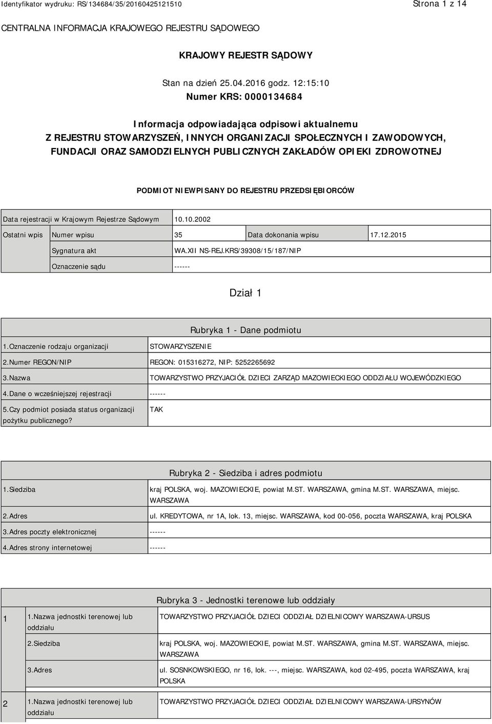 OPIEKI ZDROWOTNEJ PODMIOT NIEWPISANY DO REJESTRU PRZEDSIĘBIORCÓW Data rejestracji w Krajowym Rejestrze Sądowym 10.10.2002 Ostatni wpis Numer wpisu 35 Data dokonania wpisu 17.12.2015 Sygnatura akt WA.