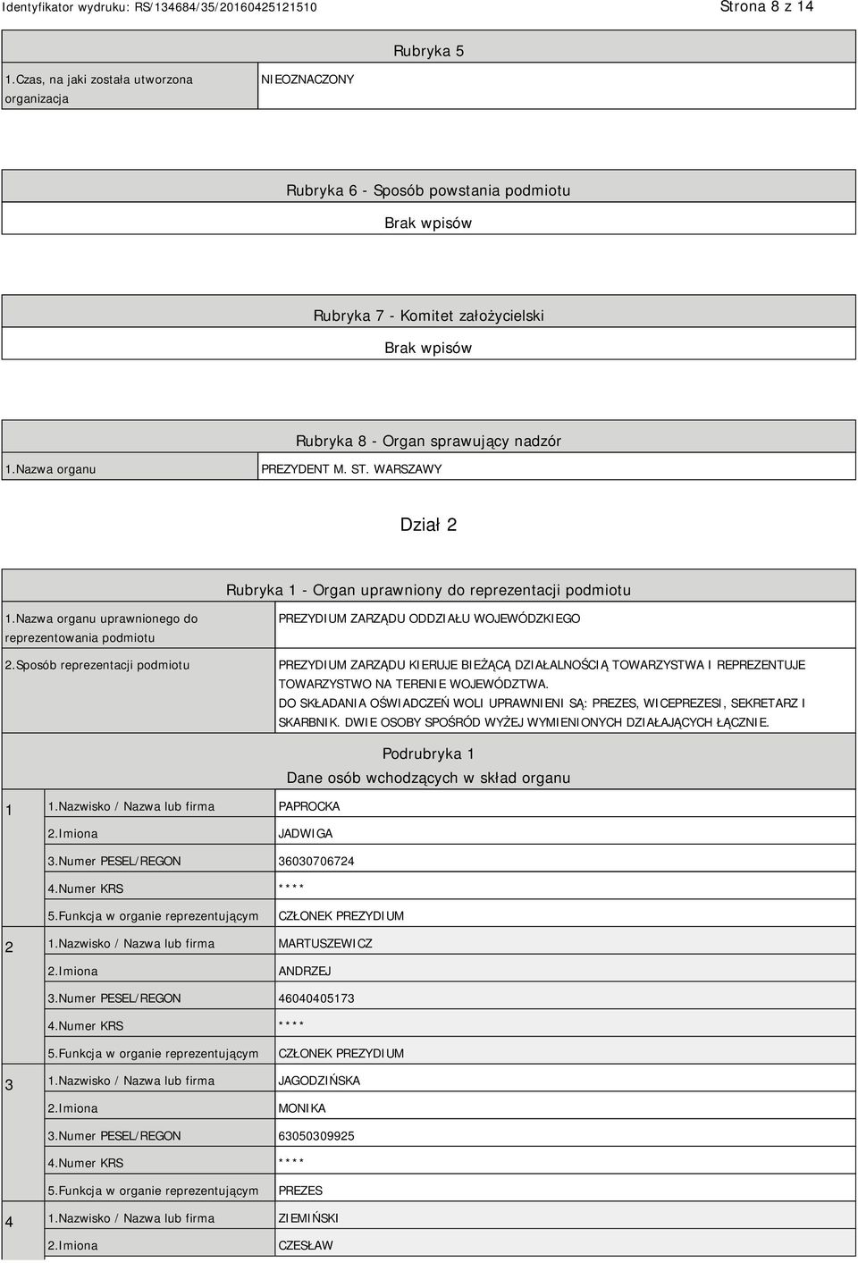 Sposób reprezentacji podmiotu PREZYDIUM ZARZĄDU ODDZIAŁU WOJEWÓDZKIEGO PREZYDIUM ZARZĄDU KIERUJE BIEŻĄCĄ DZIAŁALNOŚCIĄ TOWARZYSTWA I REPREZENTUJE TOWARZYSTWO NA TERENIE WOJEWÓDZTWA.