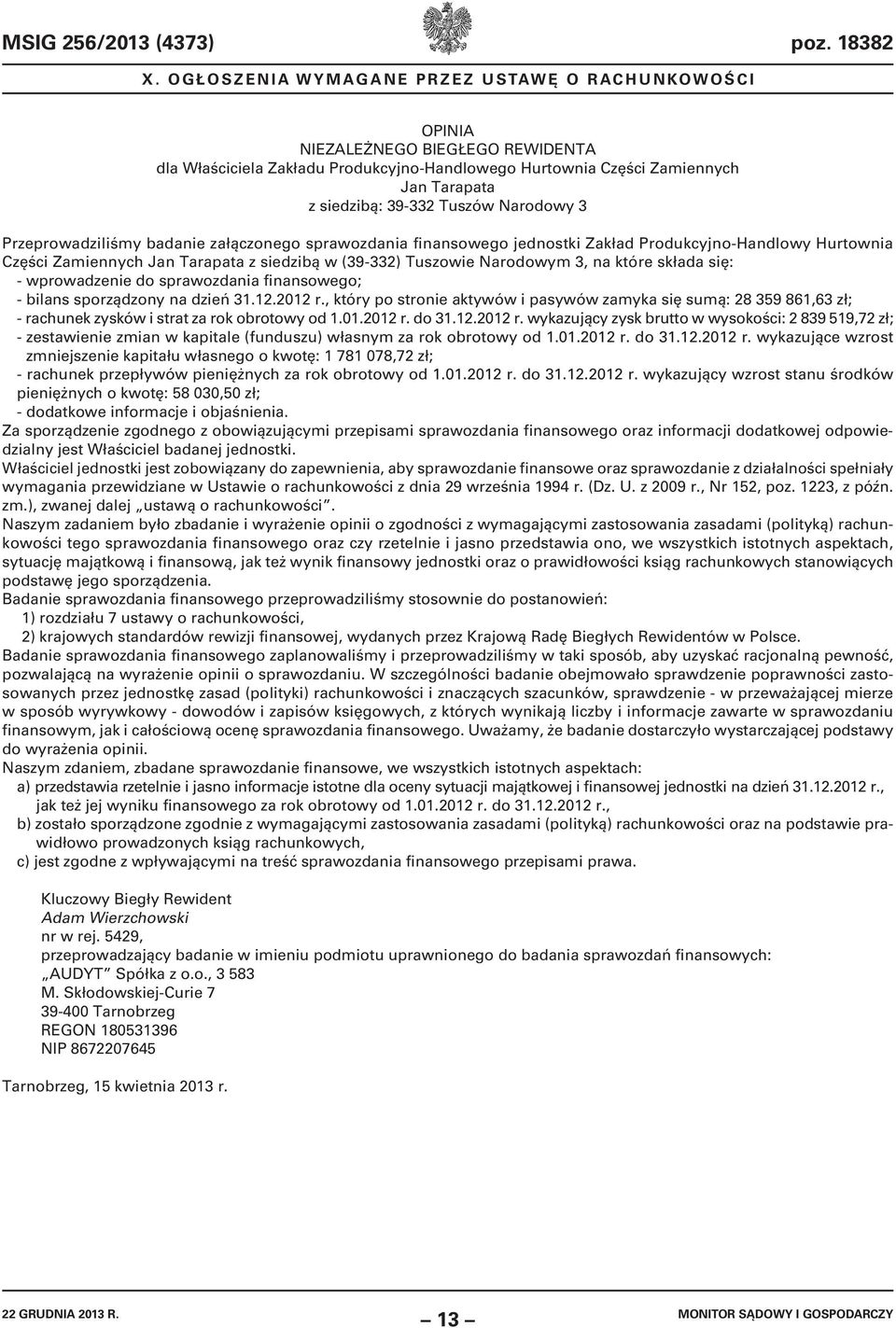 załączonego sprawozdania finansowego jednostki Zakład Produkcyjno-Handlowy Hurtownia Części Zamiennych Jan Tarapata z siedzibą w (39-332) Tuszowie Narodowym 3, na które składa się: - wprowadzenie do