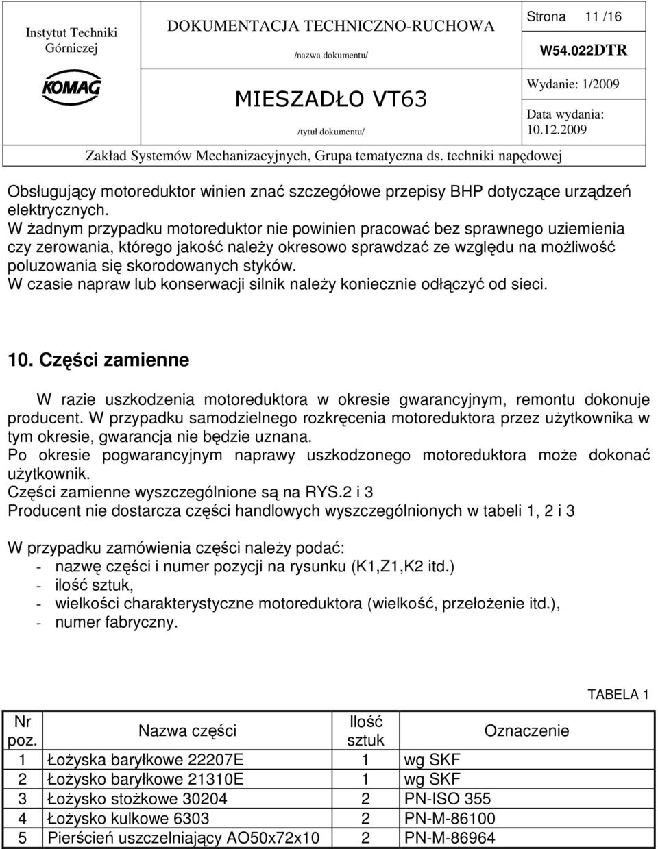 W czasie napraw lub konserwacji silnik naleŝy koniecznie odłączyć od sieci. 10. Części zamienne W razie uszkodzenia motoreduktora w okresie gwarancyjnym, remontu dokonuje producent.