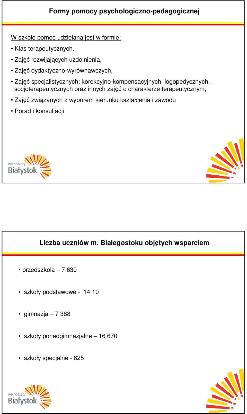 zajęć o charakterze terapeutycznym, Zajęć związanych z wyborem kierunku kształcenia i zawodu Porad i konsultacji Liczba uczniów m.