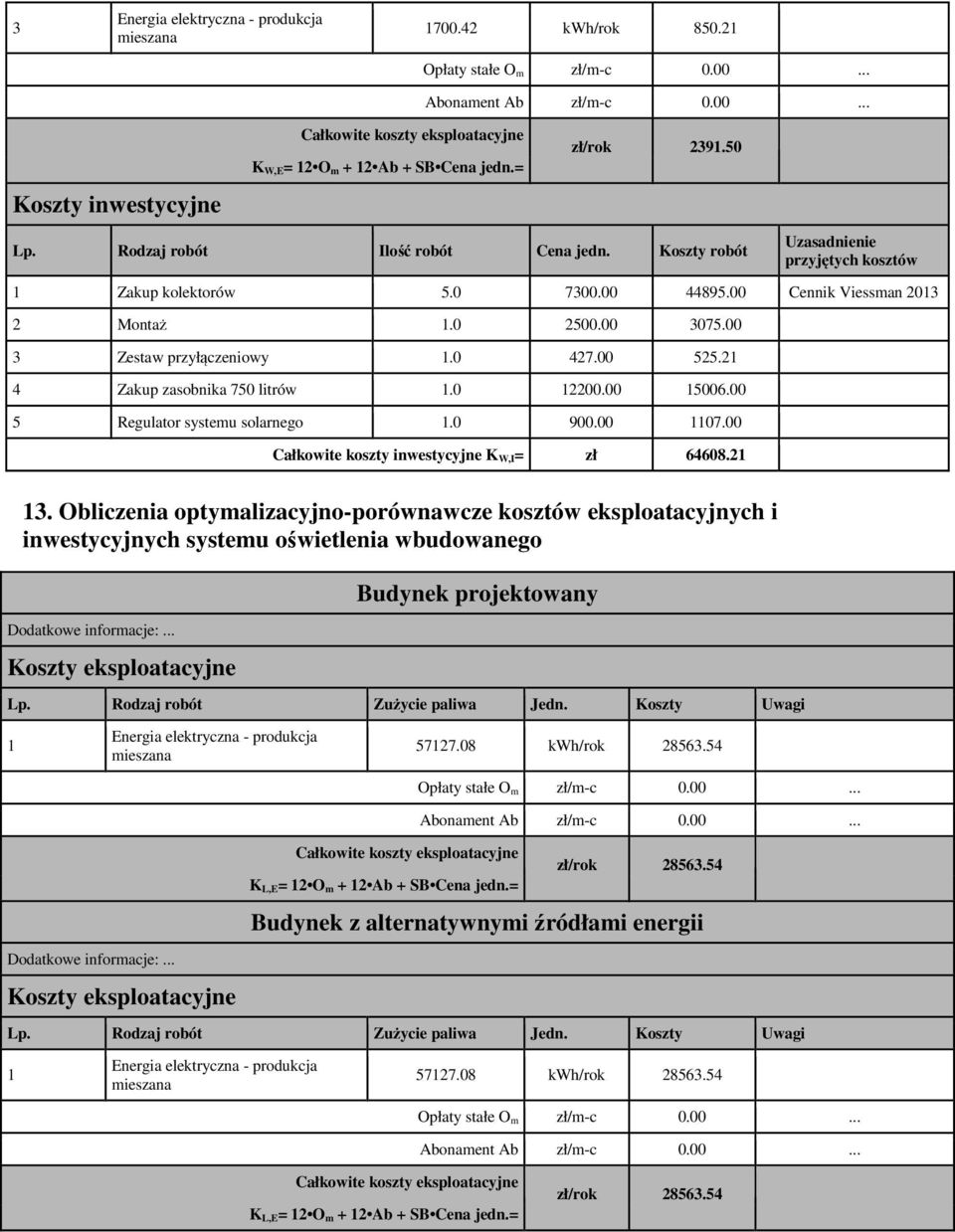 21 4 Zakup zasobnika 750 litrów 1.0 12200.00 15006.00 5 Regulator systemu solarnego 1.0 900.00 1107.00 Całkowite koszty inwestycyjne K W,I= zł 64608.21 13.