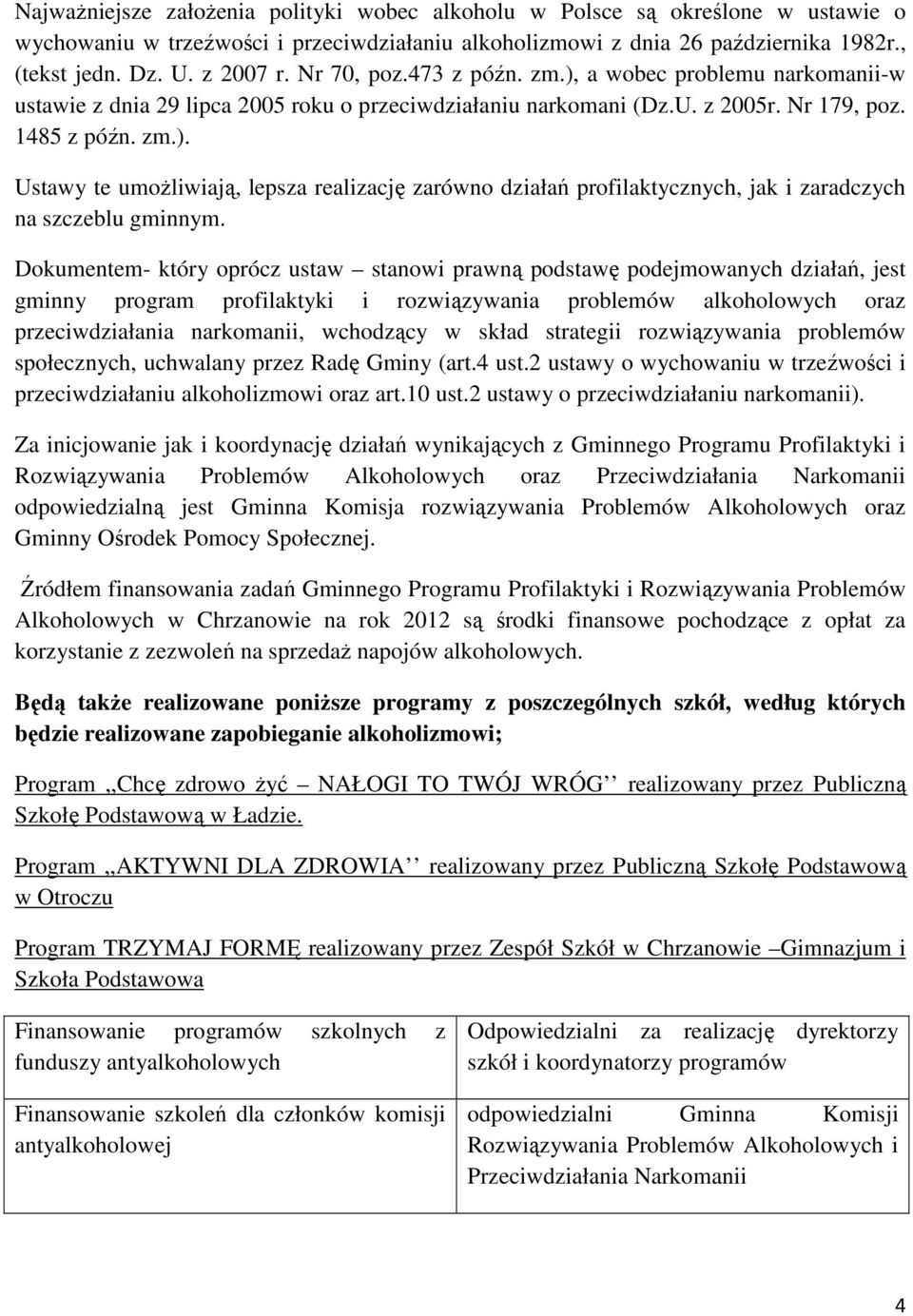 Dokumentem- który oprócz ustaw stanowi prawną podstawę podejmowanych działań, jest gminny program profilaktyki i rozwiązywania problemów alkoholowych oraz przeciwdziałania narkomanii, wchodzący w