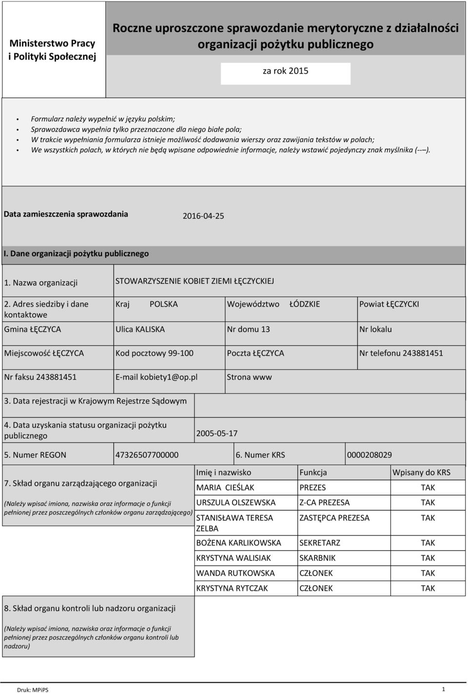 nie będą wpisane odpowiednie informacje, należy wstawić pojedynczy znak myślnika (-- ). Data zamieszczenia sprawozdania 2016-04-25 I. Dane organizacji pożytku publicznego 1. Nazwa organizacji 2.