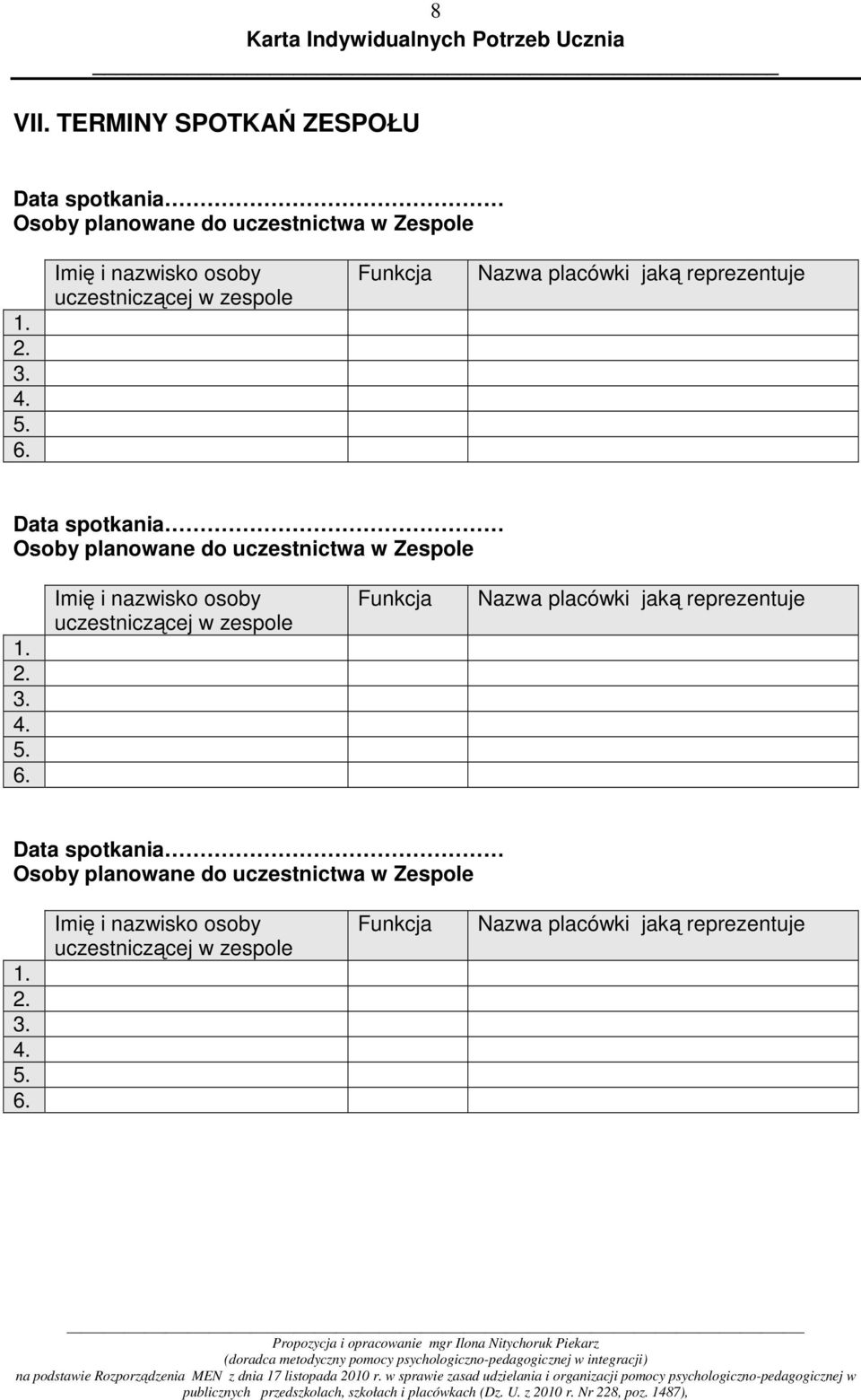 uczestniczącej w zespole Funkcja Nazwa placówki jaką reprezentuje Data spotkania Osoby planowane do uczestnictwa w