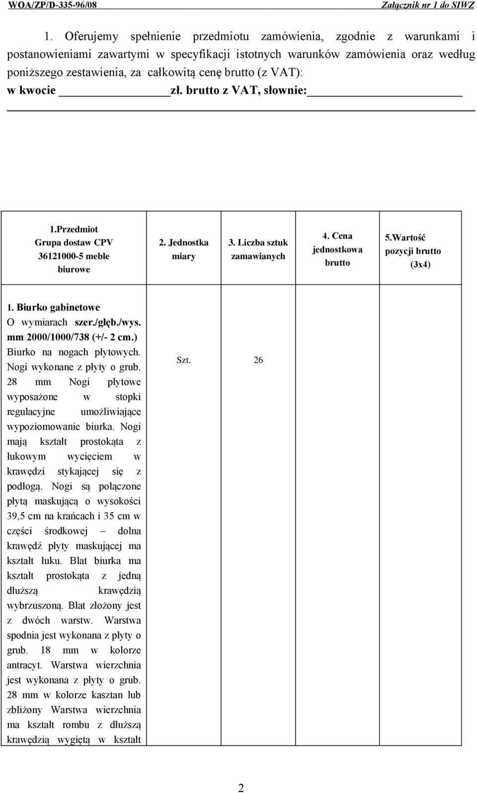 Wartość pozycji brutto (3x4) 1. Biurko gabinetowe mm 2000/1000/738 (+/- 2 cm.) Biurko na nogach płytowych. Nogi wykonane z płyty o grub.