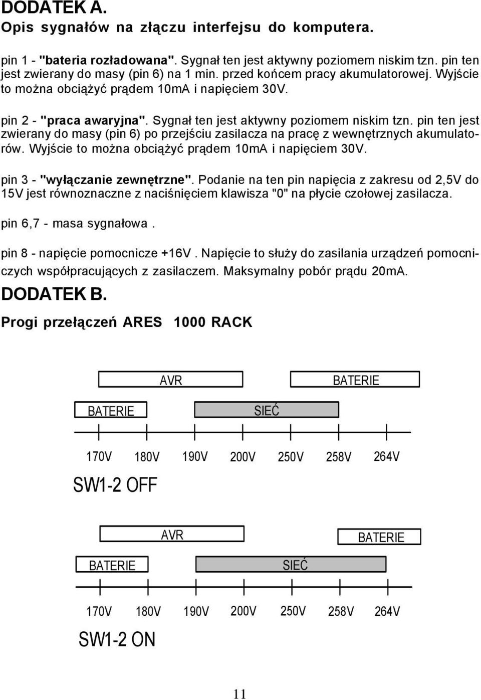 pin ten jest zwierany do masy (pin 6) po przejœciu zasilacza na pracê z wewnêtrznych akumulatorów. Wyjœcie to mo na obci¹ yæ pr¹dem 10m i napiêciem 30V. pin 3 - "wy³¹czanie zewnêtrzne".