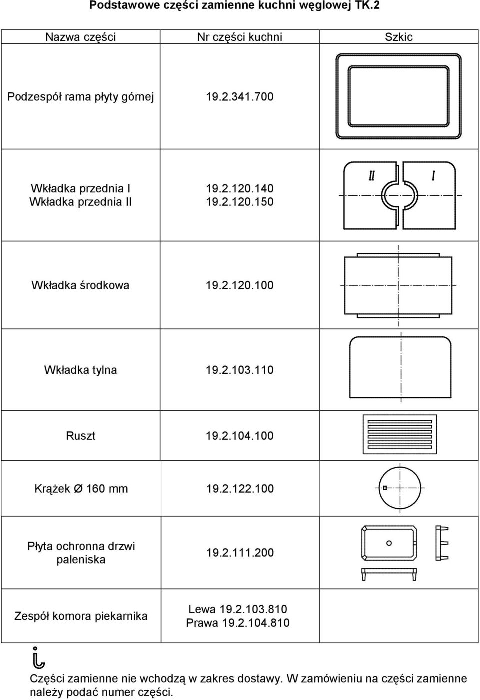 110 Ruszt 19.2.104.100 Krążek Ø 160 mm 19.2.122.100 Płyta ochronna drzwi paleniska 19.2.111.