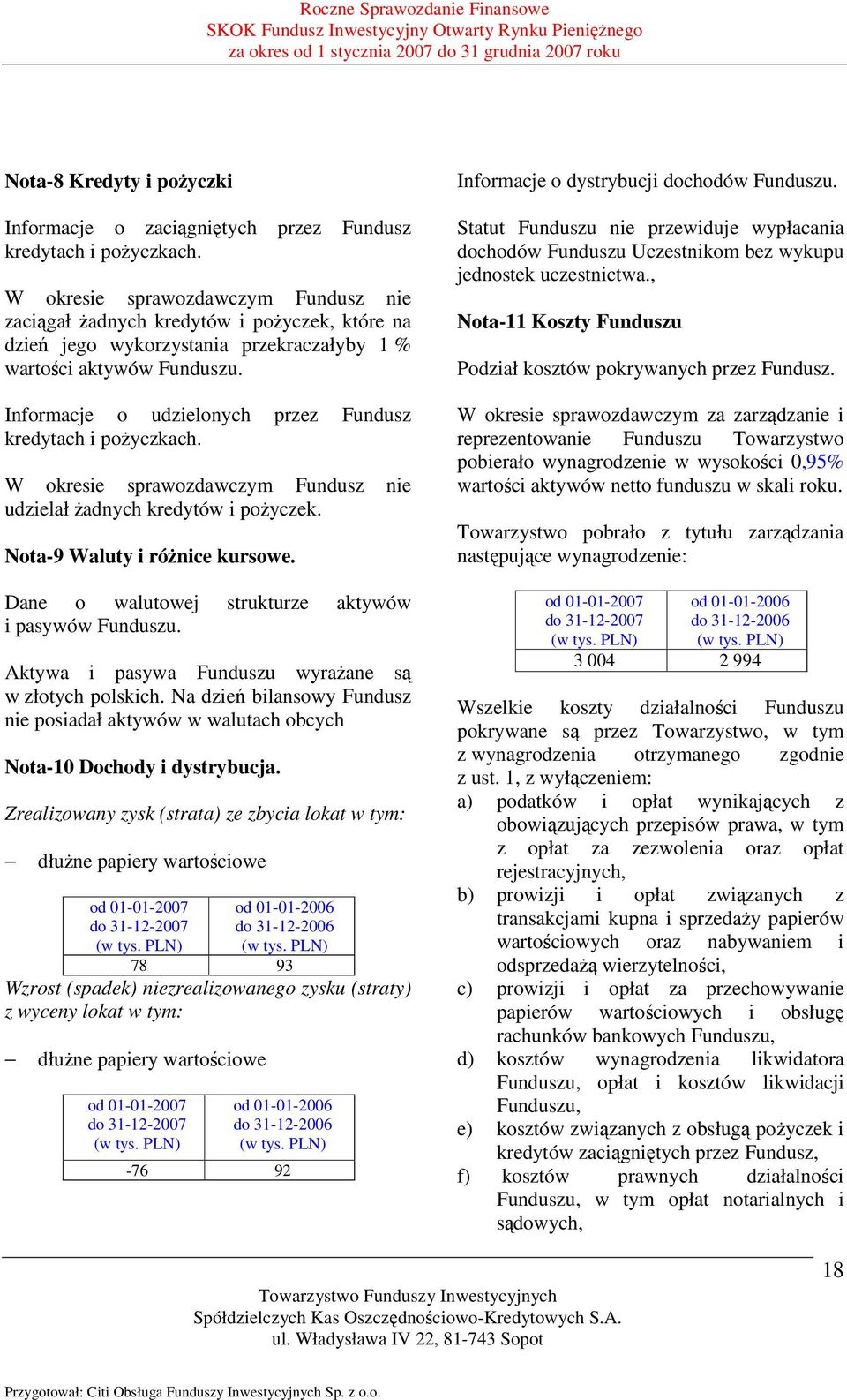 Informacje o udzielonych przez Fundusz kredytach i pożyczkach. W okresie sprawozdawczym Fundusz nie udzielał żadnych kredytów i pożyczek. Nota-9 Waluty i różnice kursowe.