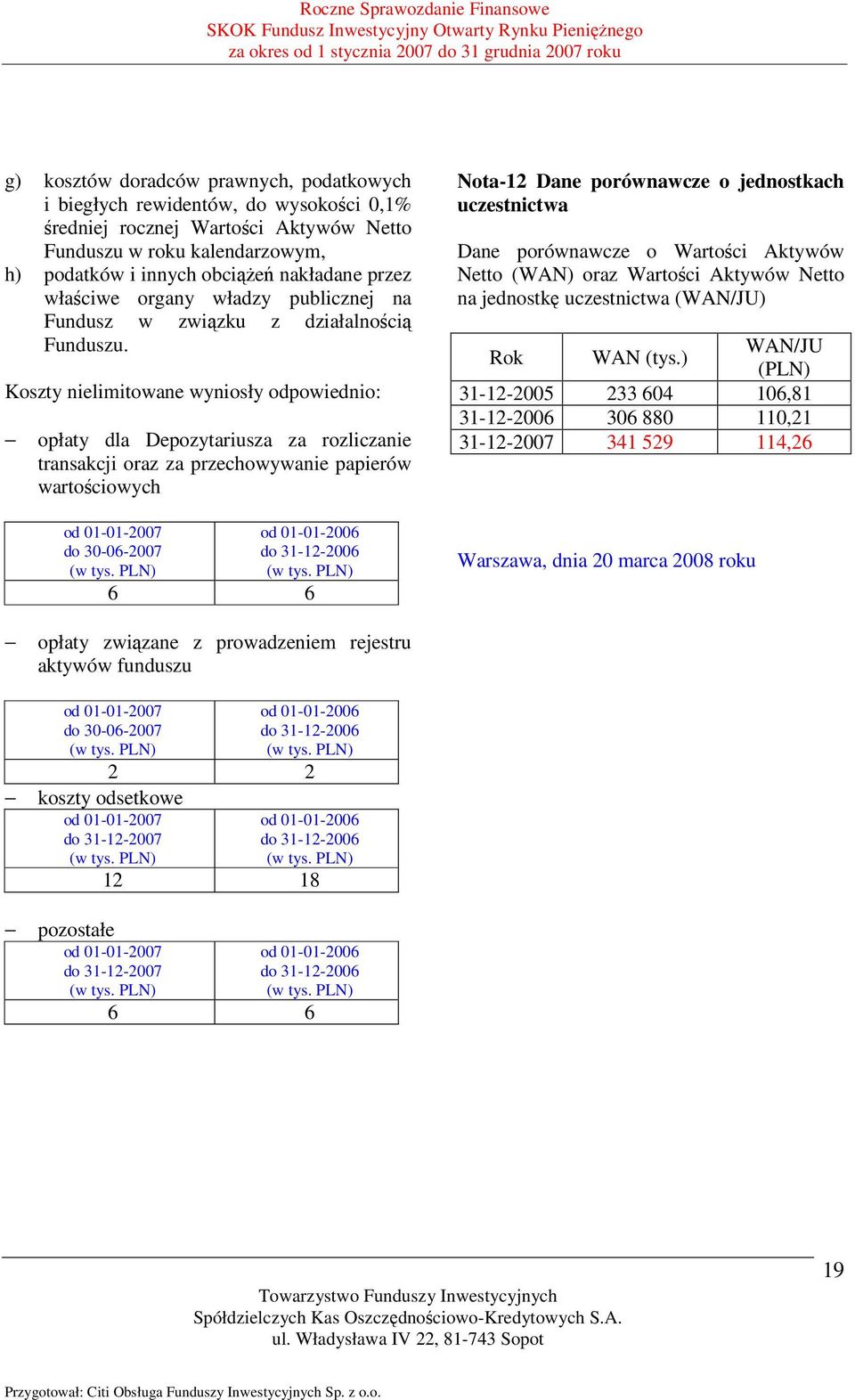 Koszty nielimitowane wyniosły odpowiednio: opłaty dla Depozytariusza za rozliczanie transakcji oraz za przechowywanie papierów wartościowych do 30-06-2007 6 6 Nota-12 Dane porównawcze o jednostkach