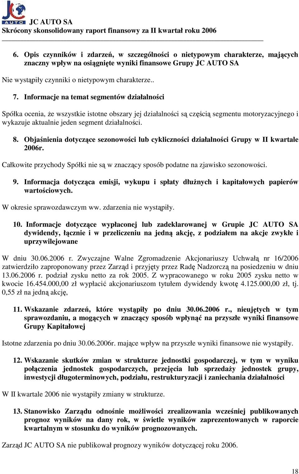 Objaśnienia dotyczące sezonowości lub cykliczności działalności Grupy w II kwartale 2006r. Całkowite przychody Spółki nie są w znaczący sposób podatne na zjawisko sezonowości. 9.