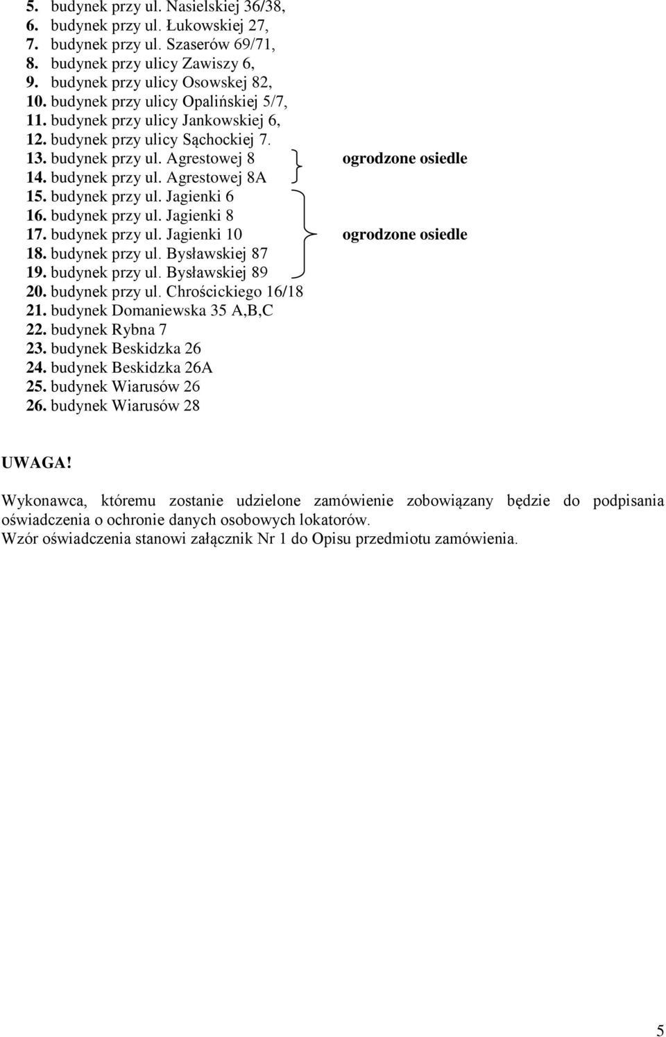 budynek przy ul. Jagienki 6 16. budynek przy ul. Jagienki 8 17. budynek przy ul. Jagienki 10 ogrodzone osiedle 18. budynek przy ul. Bysławskiej 87 19. budynek przy ul. Bysławskiej 89 20.