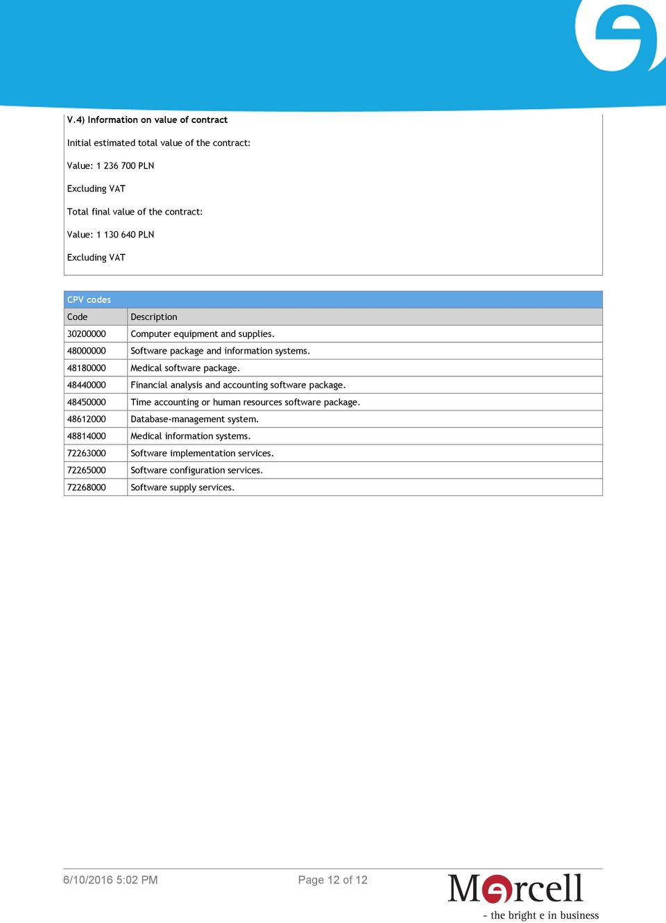 48180000 Medical software package. 48440000 Financial analysis and accounting software package. 48450000 Time accounting or human resources software package.