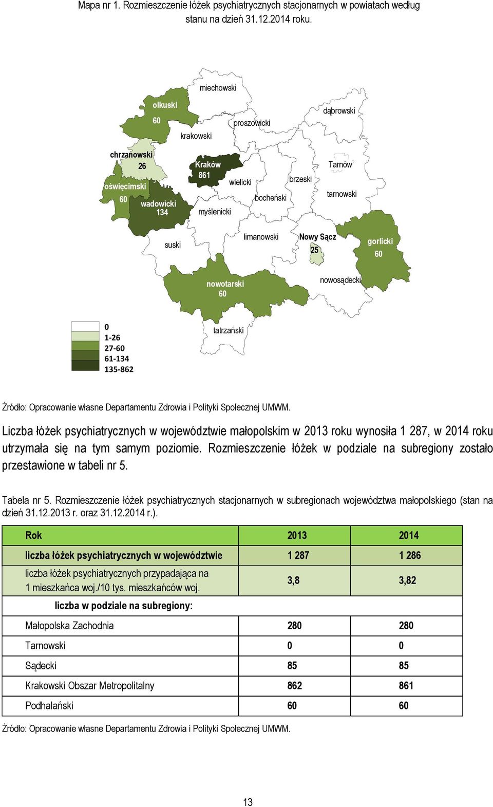 gorlicki 60 nowotarski 60 nowosądecki 0 1-26 27-60 61-134 135-862 tatrzański Źródło: Opracowanie własne Departamentu Zdrowia i Polityki Społecznej UMWM.