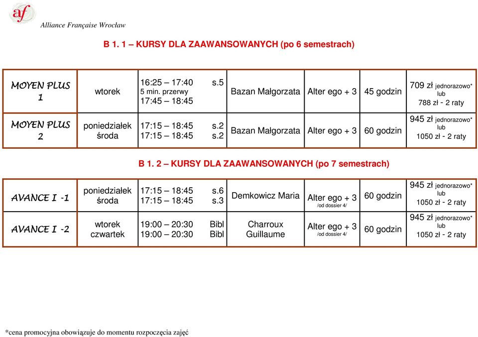 2 17:15 18:45 s.2 Bazan Małgorzata Alter ego + 3 B 1.