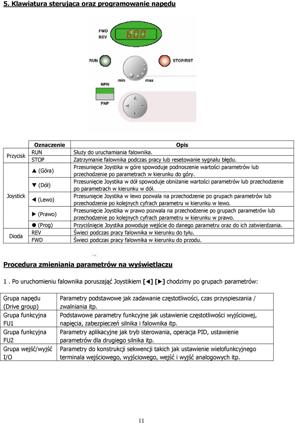 Przesunięcie Joystika w dół spowoduje obniżanie wartości parametrów lub przechodzenie po parametrach w kierunku w dół.