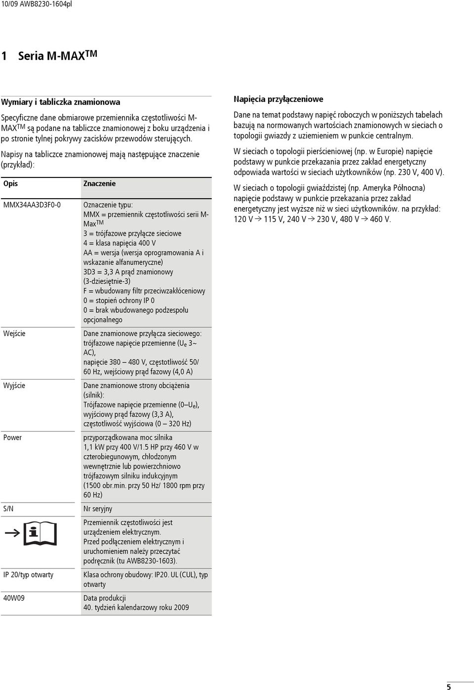 Npisy n tbliczce znmionowej mją nstępujące znczenie (przykłd): Opis MMX34AA3D3F- Wejście Wyjście Power S/N IP 2/typ otwrty 4W9 Znczenie Oznczenie typu: MMX = przemiennik częstotliwości serii M- Mx TM