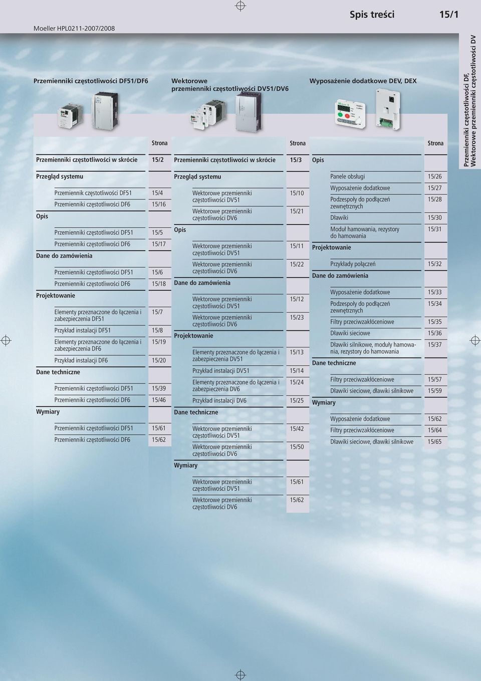 15/8 Elementy przeznaczone do łączenia i zabezpieczenia DF6 15/19 Przykład instalacji DF6 15/20 Dane techniczne Wektorowe przemienniki częstotliwości DV51 15/10 Wektorowe przemienniki częstotliwości