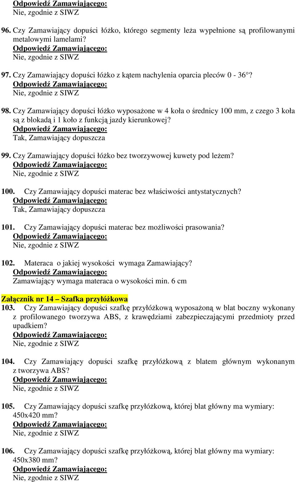 Czy Zamawiający dopuści łóżko bez tworzywowej kuwety pod leżem? 100. Czy Zamawiający dopuści materac bez właściwości antystatycznych? 101. Czy Zamawiający dopuści materac bez możliwości prasowania?