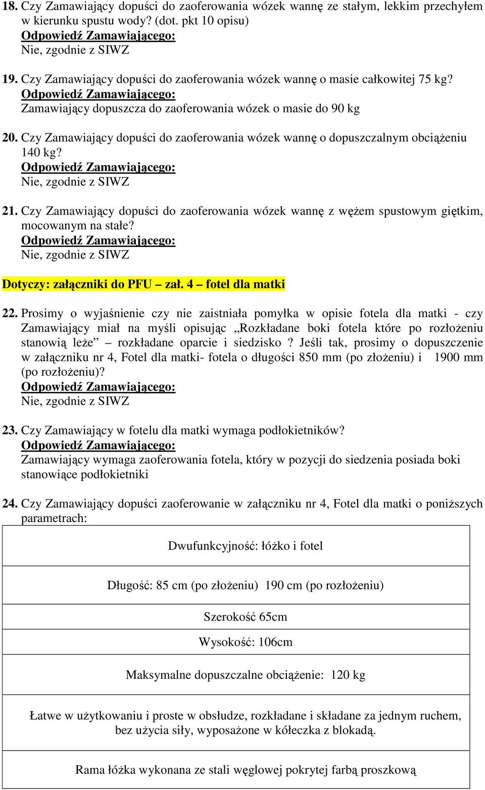 Czy Zamawiający dopuści do zaoferowania wózek wannę o dopuszczalnym obciążeniu 140 kg? 21. Czy Zamawiający dopuści do zaoferowania wózek wannę z wężem spustowym giętkim, mocowanym na stałe?