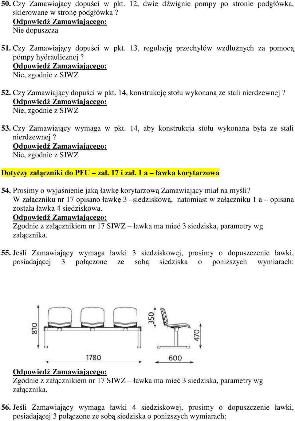 Dotyczy załączniki do PFU zał. 17 i zał. 1 a ławka korytarzowa 54. Prosimy o wyjaśnienie jaką ławkę korytarzową Zamawiający miał na myśli?