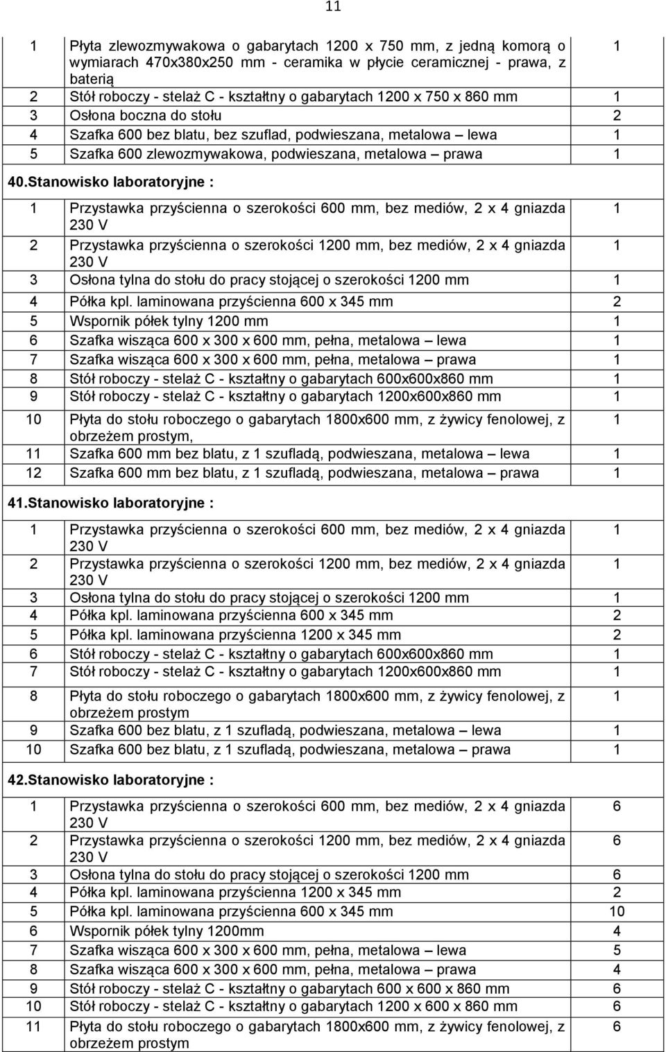 Stanowisko laboratoryjne : 1 Przystawka przyścienna o szerokości 600 mm, bez mediów, 2 x 4 gniazda 1 2 Przystawka przyścienna o szerokości 1200 mm, bez mediów, 2 x 4 gniazda 1 3 Osłona tylna do stołu