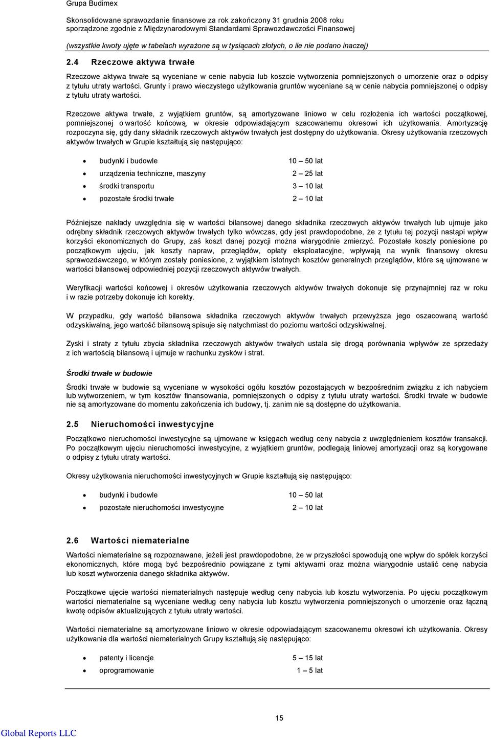 Rzeczowe aktywa trwałe, z wyjątkiem gruntów, są amortyzowane liniowo w celu rozłożenia ich wartości początkowej, pomniejszonej o wartość końcową, w okresie odpowiadającym szacowanemu okresowi ich