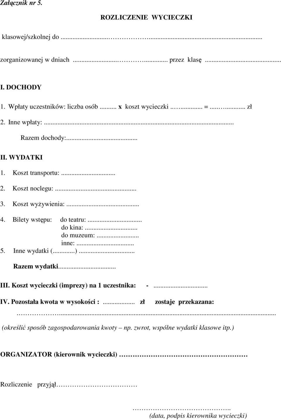 .. do muzeum:... inne:... 5. Inne wydatki (...)... Razem wydatki... III. Koszt wycieczki (imprezy) na 1 uczestnika: -... IV. Pozostała kwota w wysokości :.