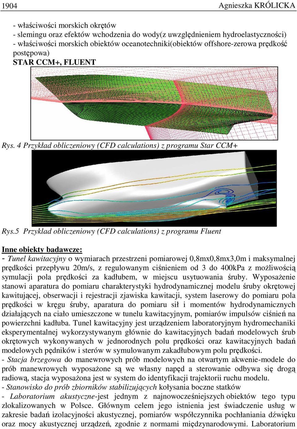 5 Przyklad obliczeniowy (CFD calculations) z programu Fluent Inne obiekty badawcze: - Tunel kawitacyjny o wymiarach przestrzeni pomiarowej 0,8mx0,8mx3,0m i maksymalnej prędkości przepływu 20m/s, z