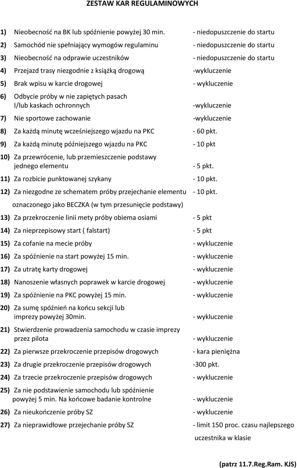 z książką drogową -wykluczenie 5) Brak wpisu w karcie drogowej - wykluczenie 6) Odbycie próby w nie zapiętych pasach I/lub kaskach ochronnych -wykluczenie 7) Nie sportowe zachowanie -wykluczenie 8)