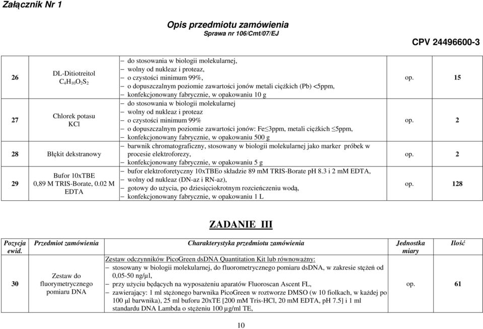 w opakowaniu 10 g do stosowania w biologii molekularnej wolny od nukleaz i proteaz o czystości minimum 99% o dopuszczalnym poziomie zawartości jonów: Fe 3ppm, metali ciężkich 5ppm, konfekcjonowany