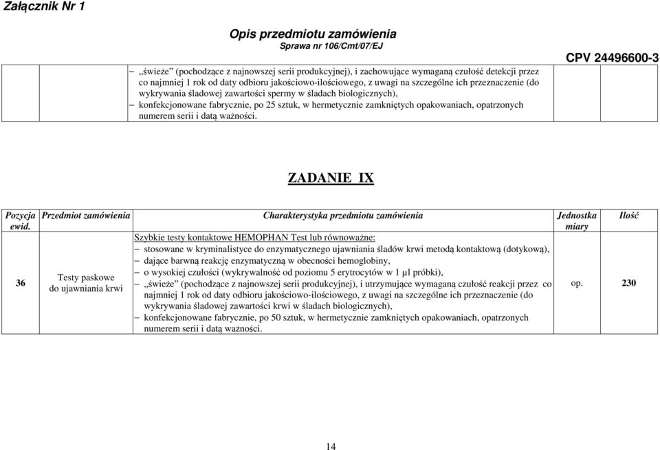 ZADANIE IX 36 Przedmiot zamówienia Charakterystyka przedmiotu zamówienia Jednostka Szybkie testy kontaktowe HEMOPHAN Test lub równoważne: stosowane w kryminalistyce do enzymatycznego ujawniania