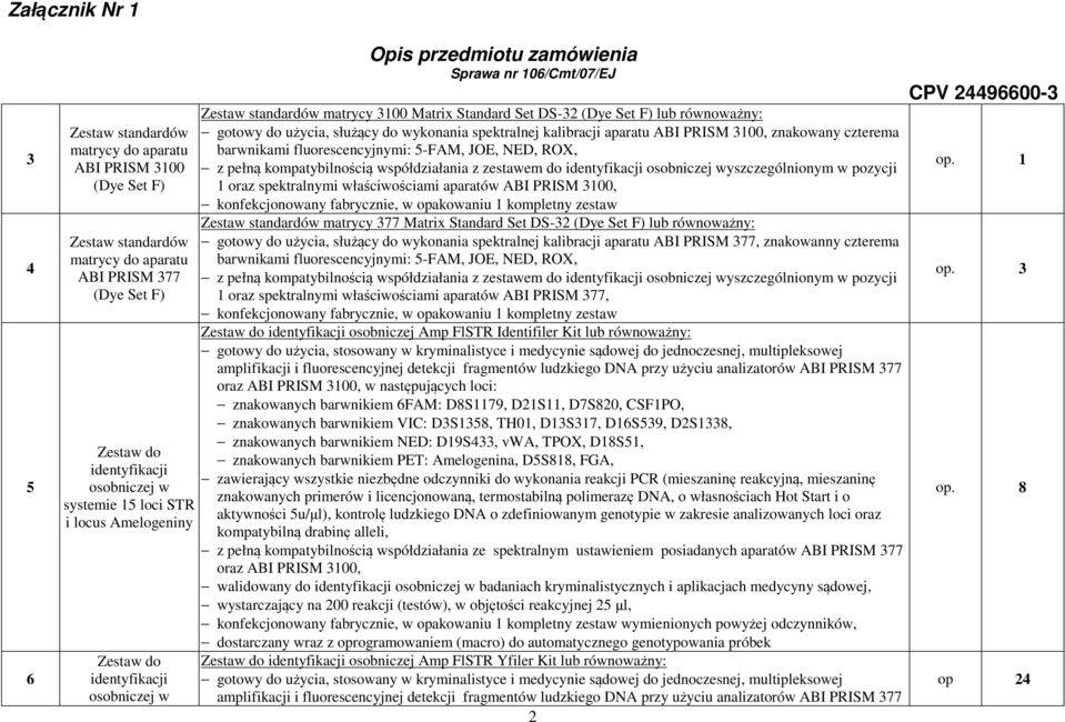 kalibracji aparatu ABI PRISM 3100, znakowany czterema barwnikami fluorescencyjnymi: 5-FAM, JOE, NED, ROX, z pełną kompatybilnością współdziałania z zestawem do identyfikacji osobniczej